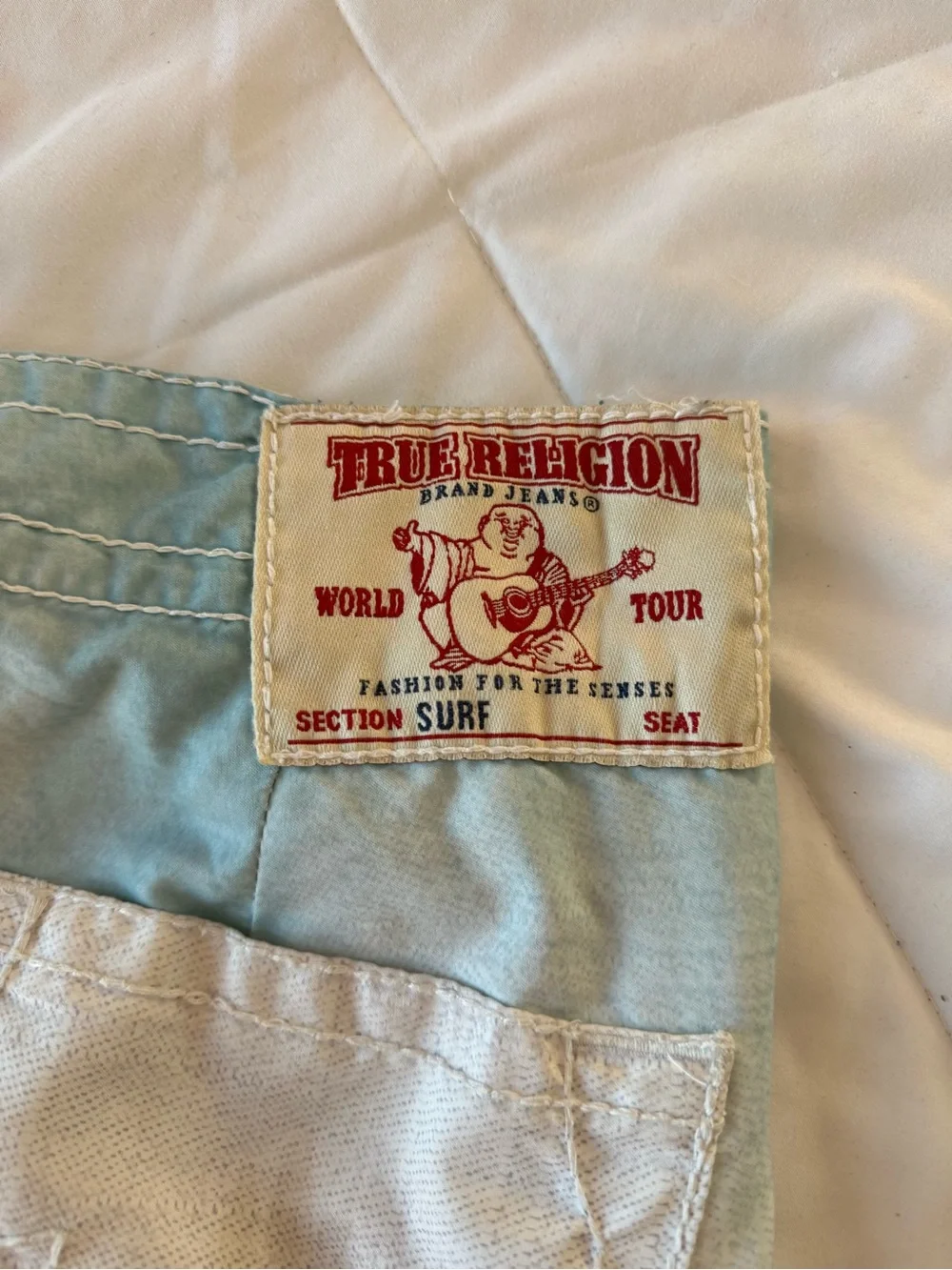 True Religion Light Blue and White Surf Label Swim Shorts